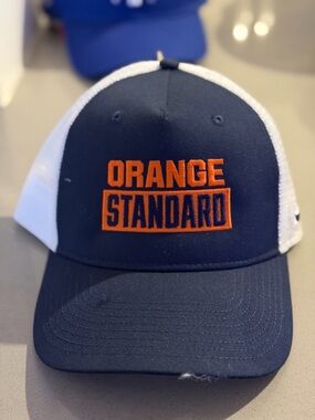 Nike Navy Blue and White Trucker Hat with Orange 'ORANGE STANDARD' Patch